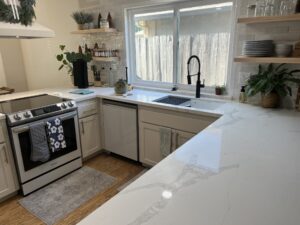 Quartz counters with floating shelves
