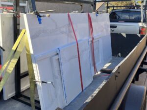 Secured stone slab ready for transportation